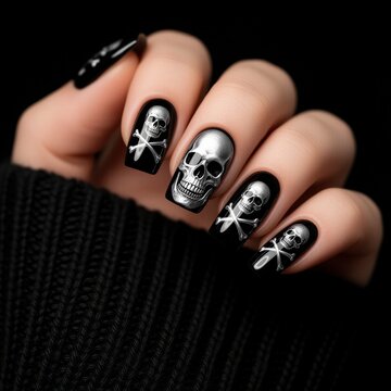 u&ntilde;as g&oacute;ticas, u&ntilde;as negras, u&ntilde;as plateadas, manicura g&oacute;tica, nail art, u&ntilde;as stiletto, u&ntilde;as puntiagudas, u&ntilde;as largas, u&ntilde;as decoradas, dise&ntilde;o de u&ntilde;as de Halloween, u&ntilde;as de calavera, calaveras blancas, cr