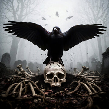 cuervo negro, cuervo, ave negra, calavera humana, cr&aacute;neo, huesos humanos, esqueleto, cementerio, l&aacute;pidas, tumbas antiguas, bosque tenebroso, &aacute;rboles secos, ramas retorcidas, niebla, aves volando, cuer