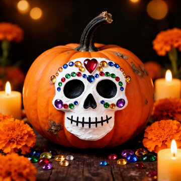 calabaza, calabaza naranja, calavera mexicana, calavera de az&uacute;car, D&iacute;a de Muertos, Halloween, decoraci&oacute;n de Halloween, decoraci&oacute;n oto&ntilde;al, calabaza decorativa, calabaza pintada, calavera blanca, calave
