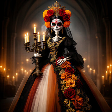 catrina mexicana, D&iacute;a de Muertos, calavera mexicana, mujer esqueleto, reina de los muertos, maquillaje de catrina, maquillaje art&iacute;stico, vestido negro, vestido victoriano, bordado dorado, encaje negro
