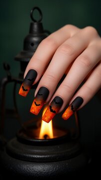 u&ntilde;as Halloween, u&ntilde;as decoradas, nail art, manicura art&iacute;stica, u&ntilde;as largas, u&ntilde;as cuadradas, u&ntilde;as negras, u&ntilde;as naranjas, dise&ntilde;o de u&ntilde;as, murci&eacute;lagos, murci&eacute;lagos negros, manicura Halloween, decoraci&oacute;n d