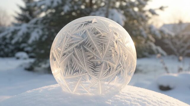 Transparent soap bubble resting on snowy surface as delicate frost crystals rapidly spread across its film. Winter nature scene with fragile ice patterns and iridescent reflections