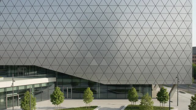 Modern building facade with hundreds of metallic panels smoothly rotating into moving geometric pattern. Dynamic architecture, innovation and kinetic design