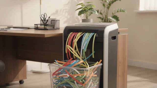 Paper shredder destroying colorful documents beside home office desk. Recycling, data privacy and secure waste management concept