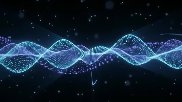 Abstract digital waveform background with glowing blue and purple particle waves on dark space. Futuristic technology, data visualization and audio signal concept