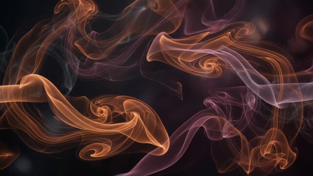 Abstract flowing orange and purple smoke ribbons on dark Halloween background. Swirling vapor waves create elegant motion backdrop with dreamy cinematic atmosphere