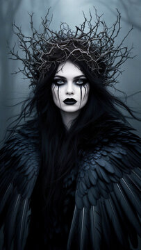 retrato g&oacute;tico, mujer g&oacute;tica, fantas&iacute;a oscura, reina oscura, reina de las sombras, diosa de la noche, mujer cuervo, cuervo negro, plumas negras, alas negras, corona de ramas, tocado de ramas secas, &aacute;r