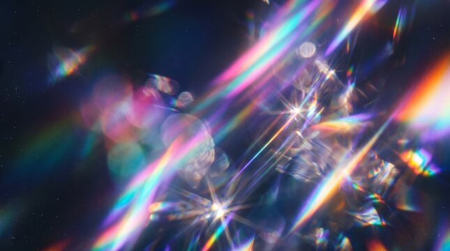 Holographic Rainbow Lens Flare Overlay Effect with Crystal Prism Reflections on Dark Background