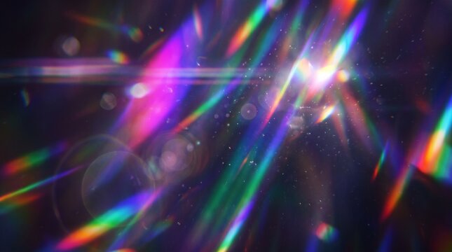 Glowing Holographic Spectrum Light Leak Overlay with Crystal Prism Reflections and Stars