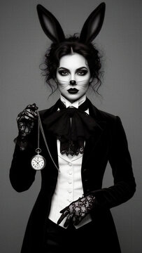 retrato art&iacute;stico, mujer conejo, maquillaje de conejo, maquillaje art&iacute;stico, fantas&iacute;a g&oacute;tica, est&eacute;tica g&oacute;tica, moda victoriana, retrato femenino, personaje fant&aacute;stico, conejo negro, orejas de conejo, 