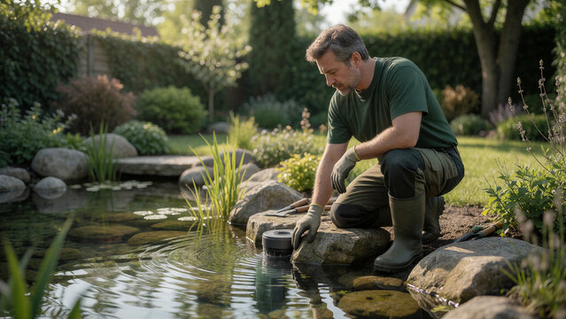 Ein Landschaftsg&auml;rtner kontrolliert die Wasserzirkulation eines naturnah gestalteten Gartenteichs und &uuml;berpr&uuml;ft den Auslass der Filteranlage.