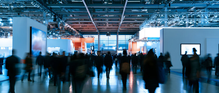 a bustling crowd traverses a modern exhibition hall equipped with trade show booths, screens, and dazzling lights