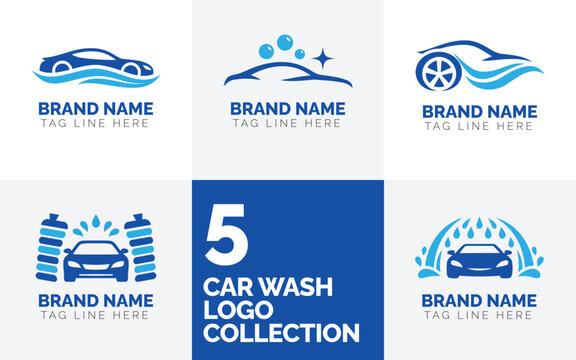 Car wash logo template collection set of 5 vector emblems, auto detailing brand identity design for service business