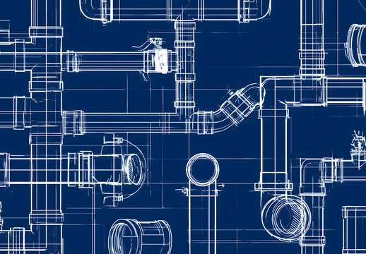 Blueprint depiction of white pipes and fittings on a dark blue backdrop