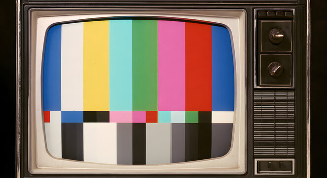 Test pattern screen from an old television with colorful vertical stripes and grayscale blocks, nostalgic broadcast signal, vintage calibration chart, retro media display, analog television setup