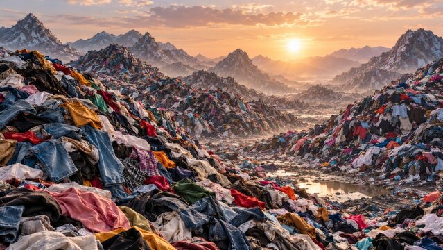 Massive mountains of discarded clothing at textile waste landfill beneath sunset sky. Fast fashion, overconsumption and environmental pollution concept in surreal landscape, ecology