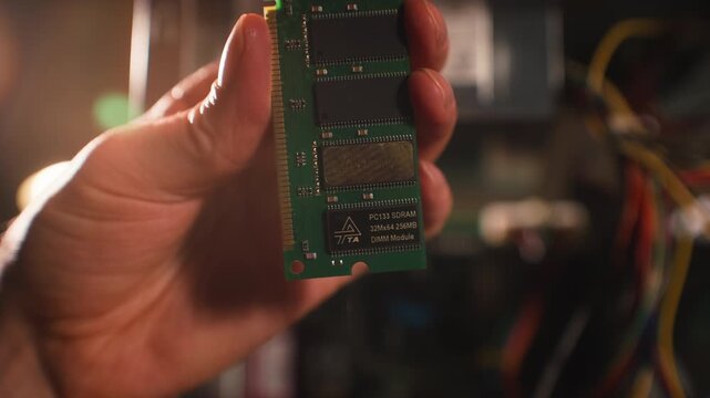 RAM memory module in hand, retro 90s DDR RAM stick with megabyte memory chips, vintage computer hardware upgrade inside old desktop PC