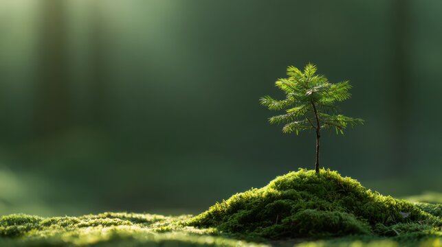 A small evergreen sapling flourishing on a vibrant moss-covered mound in a tranquil forest setting with soft natural light and blurred background