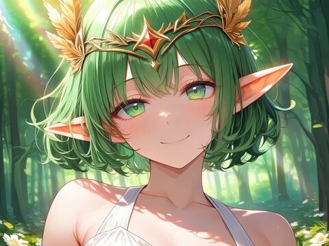 女性　緑髪　ショートヘアー　エルフ耳　白いドレス　金の髪飾り　微笑み　自然　幻想的　陽の光