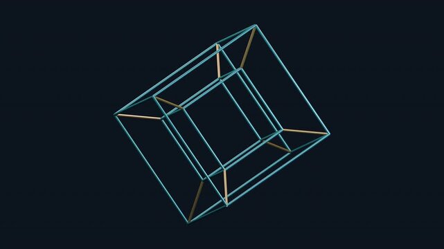 A projected tesseract rotates as a geometric wireframe