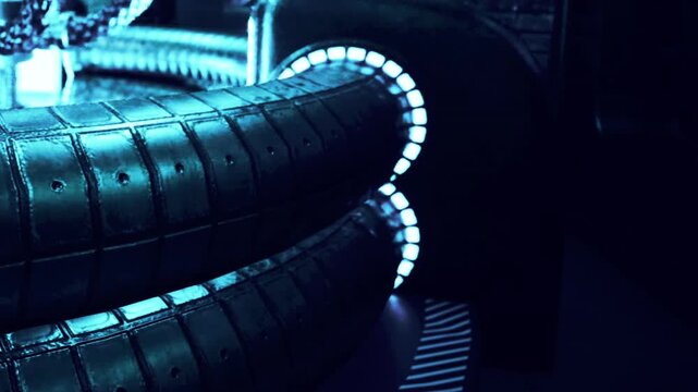 Modern industrial tunnels with curved pipes and glowing blue lights illuminate metallic surfaces, creating a clean, technical atmosphere at night.