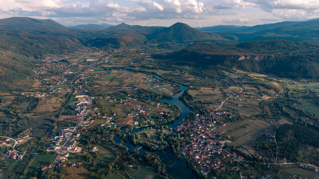 Aerial Panorama of the Winding Una River Valley Near Bihac, Bosnia and Herzegovina