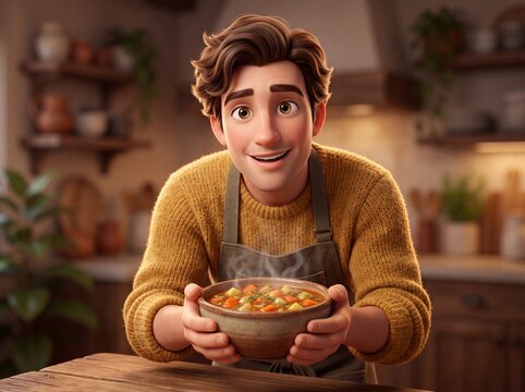 Stylized 3D Character Sharing Warm Comfort Food in Cozy Kitchen Setting