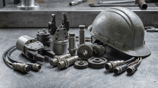 Robot end effector parts, sensors, gears, cable connectors, and hard hat arranged on a steel workbench for automation engineering.