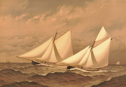 Picture shows a historical color lithograph of the American yacht racing success by Fr&eacute;d&eacute;ric Schiller Cozzens from 1886, depicting the defense of the America's Cup by the US yacht Mayflower in a duel against the British challenger yacht Galatea. In the foreground, American sloop defender Mayflower and British cutter Galatea fight for every position during the regatta in stormy seas. The race took place off New York in September 1886, with the Mayflower successfully defending the Cup under the construction of Edward Burgess, American history, authentic, digitally restored reproduction from a 19th century original, exact date of depiction unknown, historical