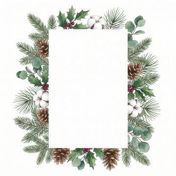 Watercolor christmas frame with fir branches, pine cone, cotton, leaves isolated on white background. Botanical winter greenery holiday illustration for wedding invitation card design