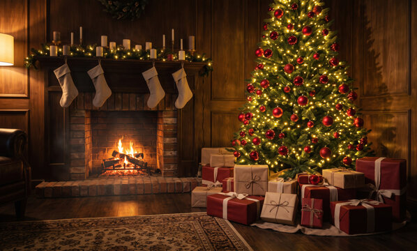 interior christmas. magic glowing tree, fireplace, gifts in dark