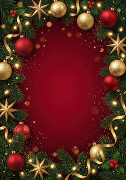 Christmas greeting card with Christmas Tree Decorations, Pine Branches, snowflake and confetti.