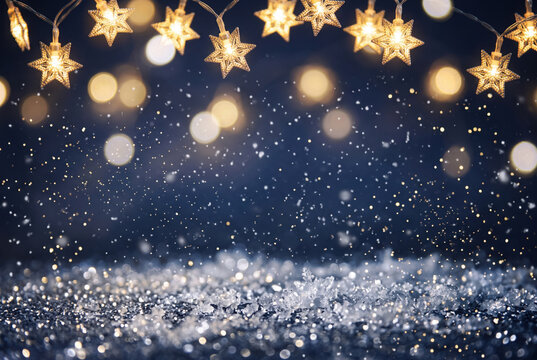 Merry Christmas and happy new year, Christmas stars lights with falling snow, snowflakes, Winter and new year holidays.