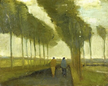 L'all&eacute;e Aux Deux Promeneurs (1883), Allee mit zwei Spazierg&auml;ngern (1883), Painting by Vincent Willem van Gogh (born 30 March 1853 in Groot-Zundert, died 29 July 1890 in Auvers-sur-Oise), Dutch painter and draughtsman, one of the founders of modern painting, Illustration, Reproduction from a painting. Authentic, exact date of the original unknown, Historical, Two walkers on a tree-lined path under a cloudy sky