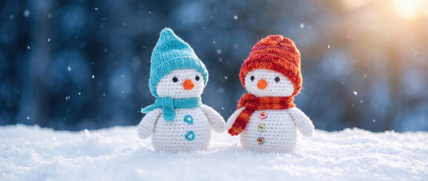 little knitted snowmans on soft snow on blue background
