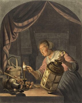 Evening, Girl Lighting a Lantern in the Apartment, 1795, Holland, Painting by Abraham Delfos, Historic, Digitally restored reproduction from a 19th century original