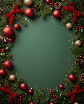 A festive wreath of evergreen branches adorned with ornaments and ribbons for Christmas celebration preparation