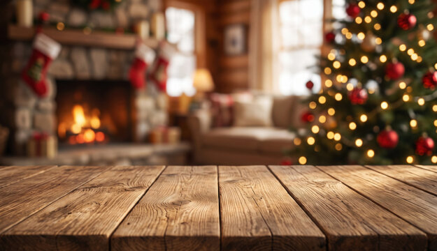 Holiday table with christmas tree and fireplace with copy space