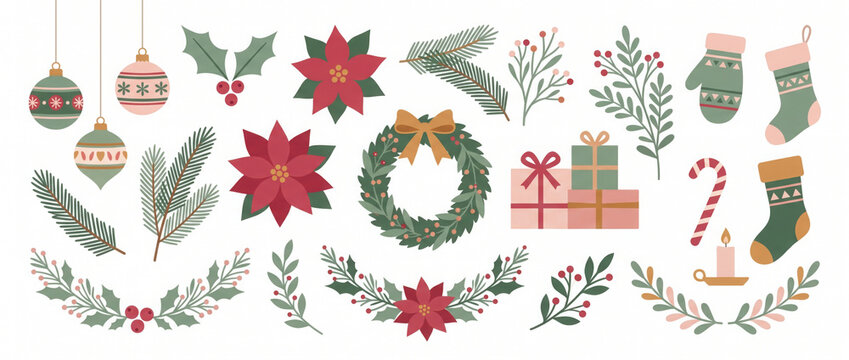 Merry christmas and happy new year element vector. Collection drawing of holly plant, christmas tree, glove, sock, gift, christmas bauble ball. Design suitable for banner, invitation, decoration.