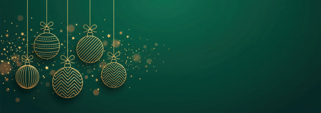 green merry christmas banner with creative golden balls
