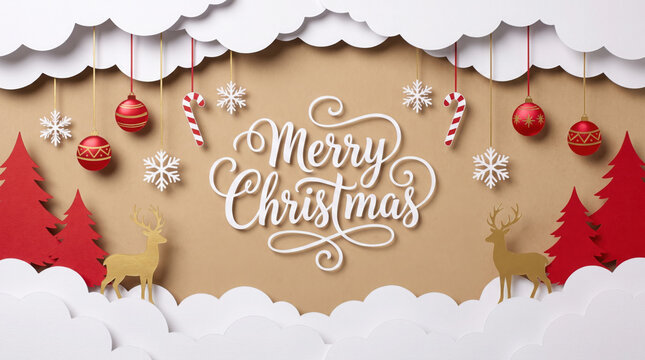 Christmas greeting text vector design. Merry christmas and happy new year greeting card with paper cut ornaments and elements decoration. Vector illustration holiday season template.