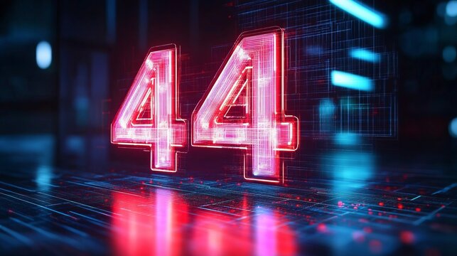 Stunning Glowing 3D Neon Number Forty Four with Digital Effects Against a Dark Futuristic Background
