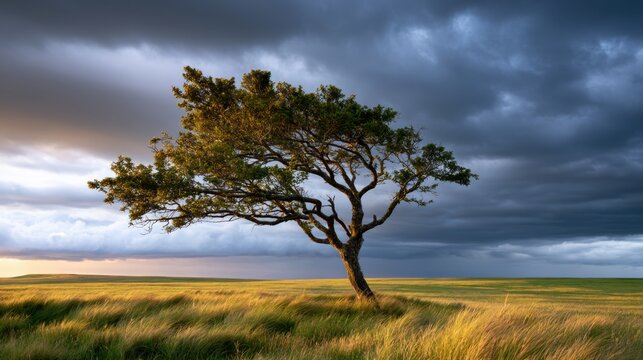 Lone windswept tree standing resilient in a golden grassy field under dramatic stormy sky with sunlight breaking through clouds at horizon