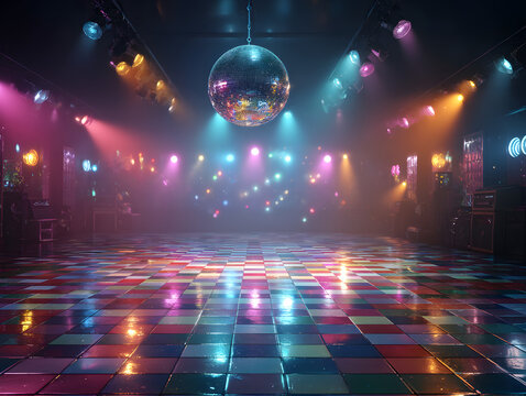 Retro style 70s disco club background with groovy dance floor mirror ball hanging from ceiling and colorful spotlights