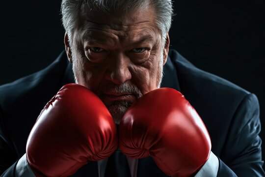 Determined mature man in suit wearing red boxing gloves with fierce expression ready for a fight on dark background