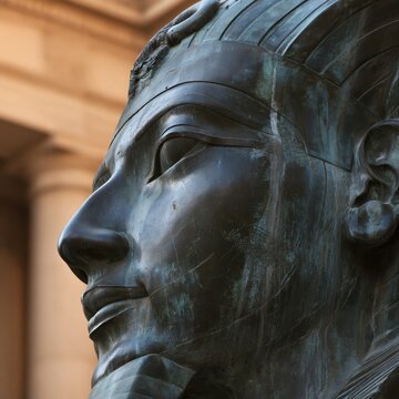Detailed profile of an ancient bronze statue depicting a regal face with a headdress against a classical architectural background in soft lighting