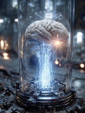 Futuristic Brain Displayed in a Glass Chamber With Mechanical Elements and a Glowing Aura