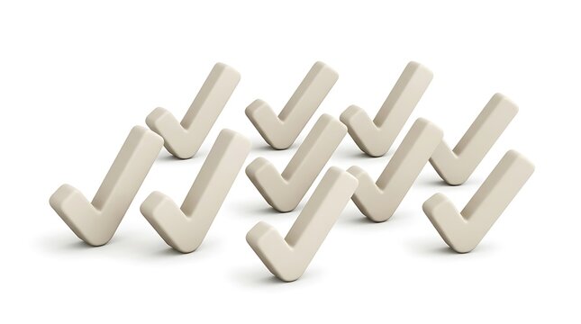 3D render of white check mark symbols on white background.