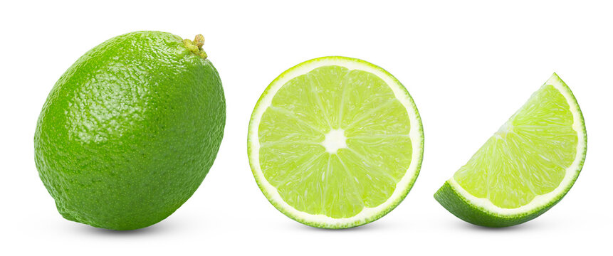Lime fruits set, slice and half of lime fruit isolated on a white background, Fresh and Juicy lime collection, clipping path.