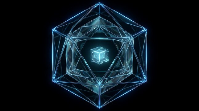 Abstract Glowing Geometric Shape with Nested Fractal Structure.